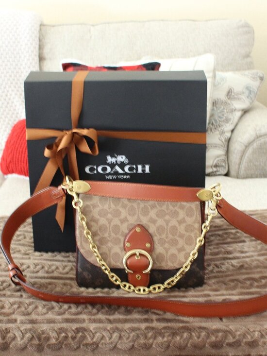 Coach Handbags - Coach Signature Carriage Coated Canvas Beat Shoulder Bag Tan/Brown Rust